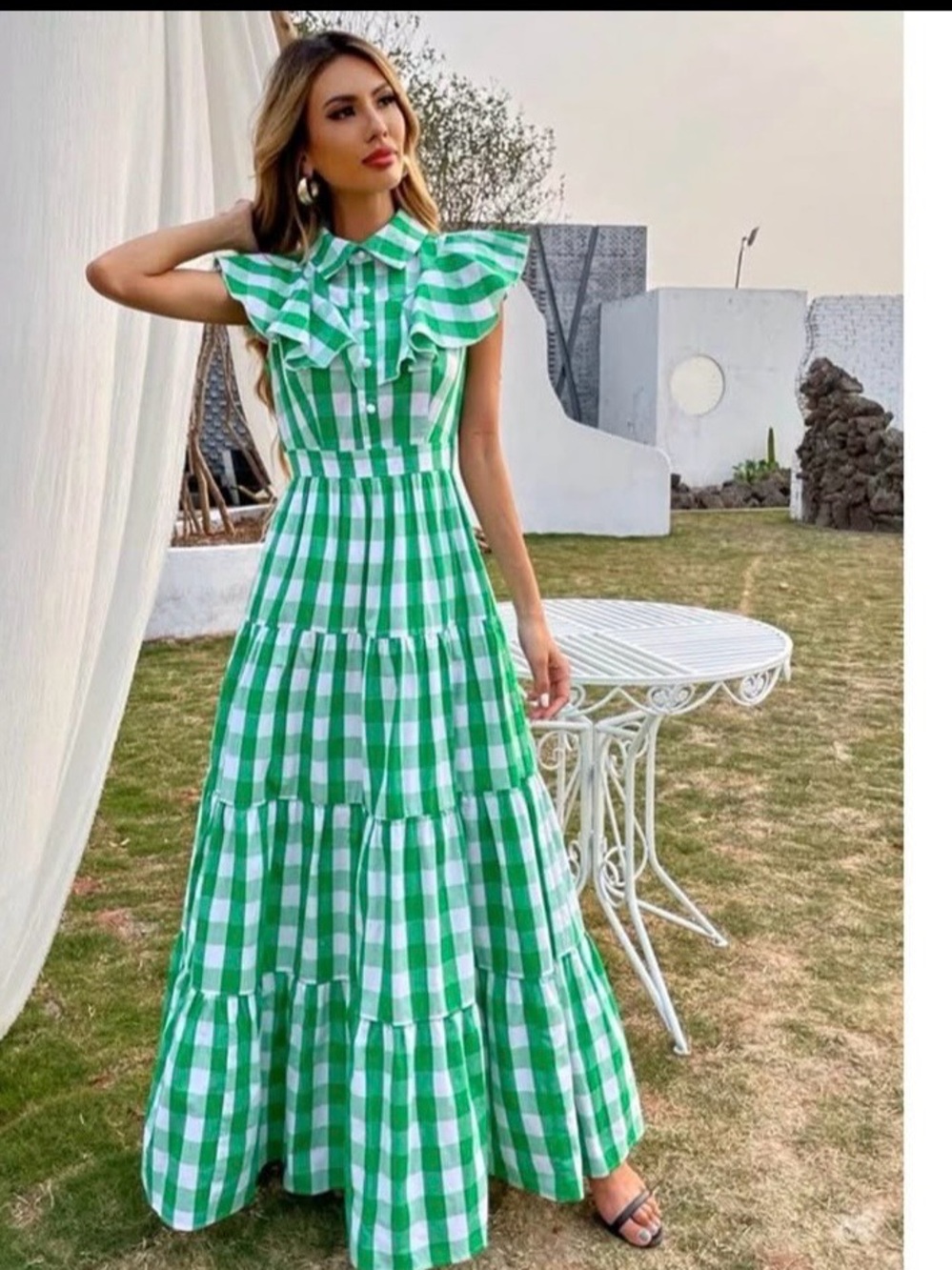 Green Gingham Tiered Maxi Dress with Ruffle Collar
